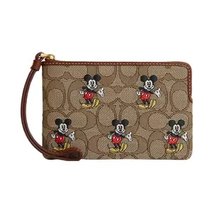 Coach Mickey Mouse Print Zipper Pebbled Leather Wallet for Women in Brass, Khaki, and Mahogany