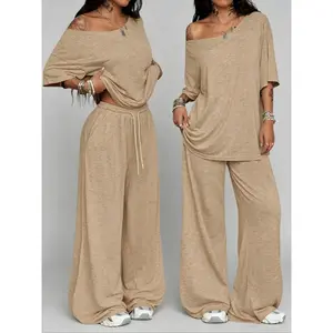 Women's Casual Solid Color Sport Two-Piece Set, Sweatsuit Loose Long Pants & Wide Leg Slant Neck Pant Suit, Spring & Fall Fashion