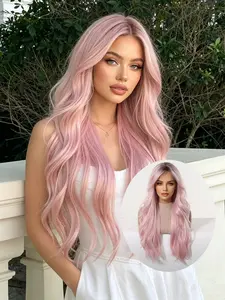 24 Inch Long Wavy Light Pink Wig with Bangs, Heat Resistant Synthetic Hair Wigs For Women, Synthetic Wavy Hairstyle, Daily Wear, Cosplay, Party, Women's Wig