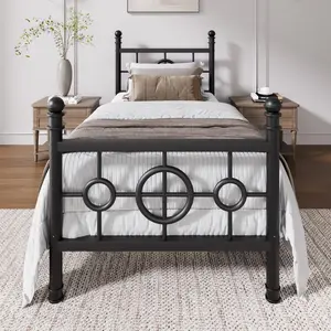 Gaomon Twin Size Heavy-Duty Iron Platform Bed Frame with Vintage Circular Headboard, Footboard, Round Tubes, Noise-Free Design, No Box Spring Needed, Easy Assembly, Black