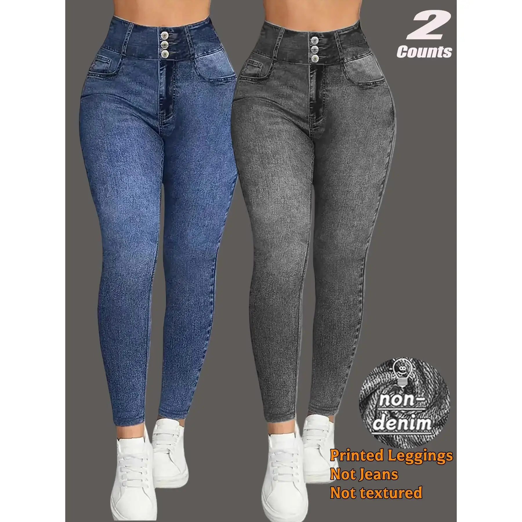 Female All Over Print Sports Bottoms - Stay-Put High Waisted, Stretchy Denim Look, Fake Button Design, No Real Pockets, Skinny Fit, Breathable, Sporty Chic, All Seasons Casual Wear, Authentic Fabric, Dry Clean Compatible, Digital Print, Stay‑Put High Wais