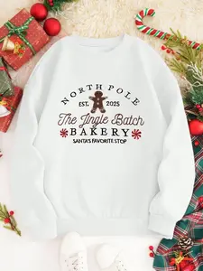 Christmas Gingerbread Man Baking Theme Print Round Neck Sweatshirt, Fun Eye-Catching Loose Casual Design, Fall & Winter Fashion Top