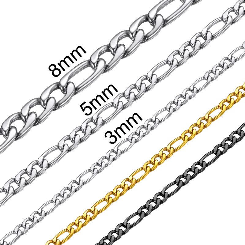 FaithHeart Stainless Steel Figaro Link Chain Necklace - Unisex, 3MM/5MM/9MM, Casual Style Necklaces, Daily Versatile Chain