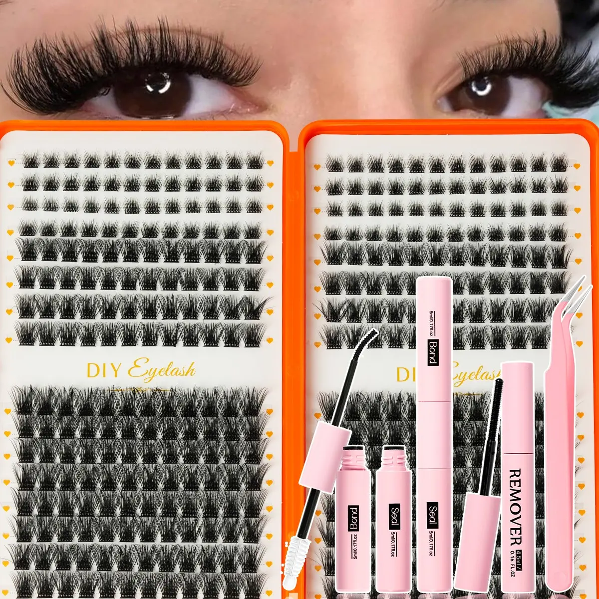 High-capacity, false eyelash extension kit, individual false eyelash clusters, D-shaped curled false eyelash extensions, suitable for daily use, parties, travel, or as a gift for family and friends. False lashes, false eye lashes, imitation false lashes.