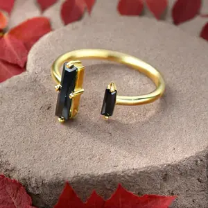 Natural Black Onyx Stone 18K Gold-Plated Ring Dainty Thin Band Open Ring Minimalist Resizable Ring US 6 ~ 8