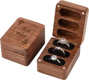Always & Forever Ring Box 3 Slot for Wedding Ceremony Engagement Birthday Ring Bearer Box Walnut Wooden Engraved - Black Lining