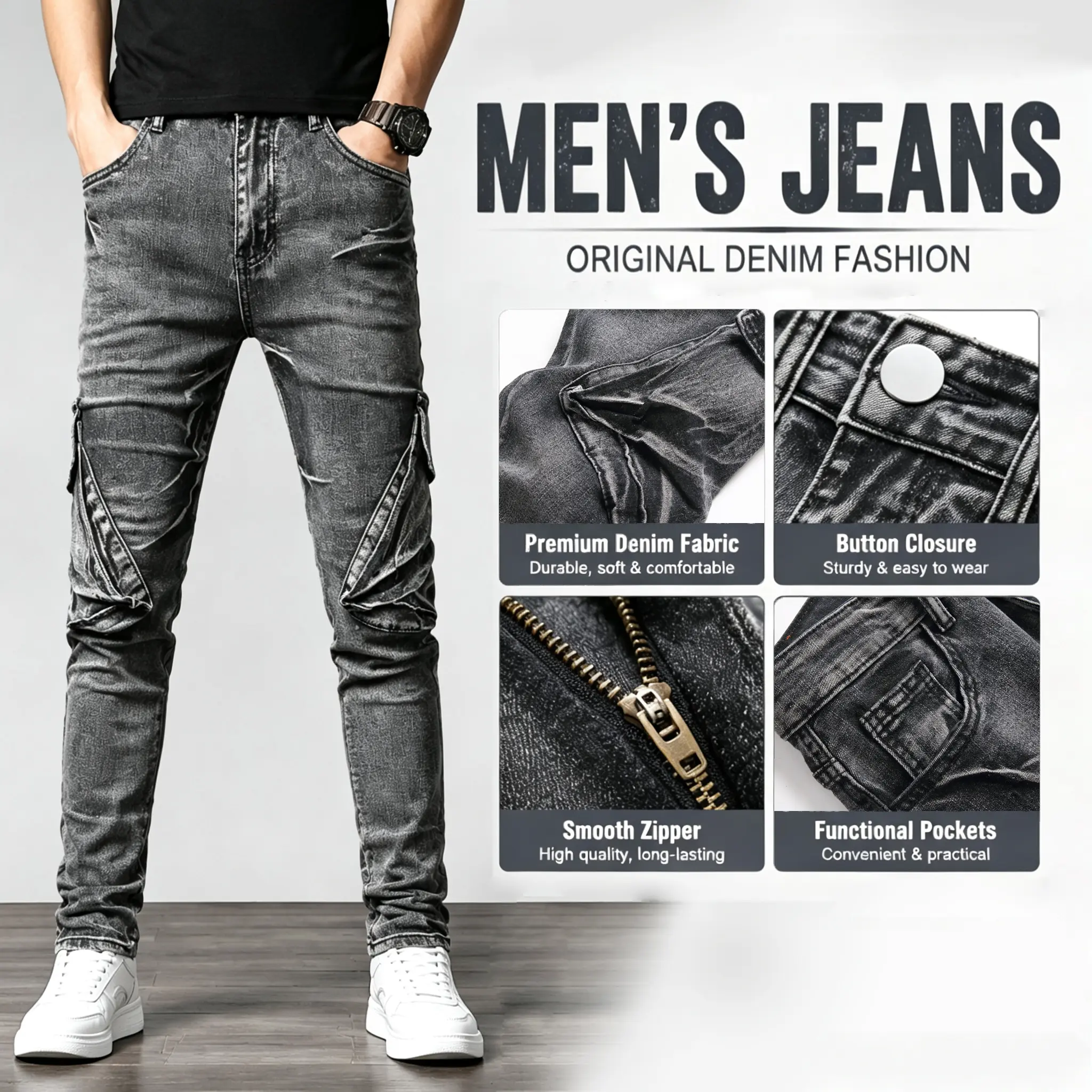 JUNBAOSS Men's Vintage Grey Wash Stacked Cargo Jeans - Stretch Skinny, Multi-Pocket, Ruched Denim, Elastic Slim Fit, Zipper, Matching Graphic, Chunky Hem, Casual Stylish Streetwear Trousers, Classic, Retro, Distressed Men, Soft menswear pant, Cargo Pocket