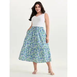 BloomChic Women's Plus Size Cotton-Polyester Bohemian Floral Whispers Drawstring Tiered Maxi Skirt - Smooth Fabric Bottom with Pocket, Lady-Focused Fit, 2026 Summer Mother's Day Pick,summervibes Garment Womenswear Swimweek