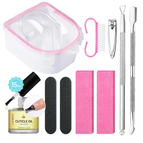 AZUREBEAUTY Acetone-Proof Nail Soaking Bowl Kit (10-Piece) - Care Set with 15ml Cuticle Oil, Remover Tools, Nail Brush, Pusher, Peeler, File Buffer for Home/Salon Damage Repair Use, Azurebeauty Nail Soaking Bowl