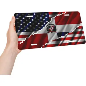 USA American and Dominican Republic Friendship Flag License Plate Patriotic Metal Aluminum License Plate Car Decoration 6x12 Inches Bar Home Restaurant Wall Decor 4-Hole