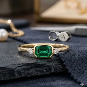 : 10K Gold Emerald-Cut Green Stone Ring – Size 7.8