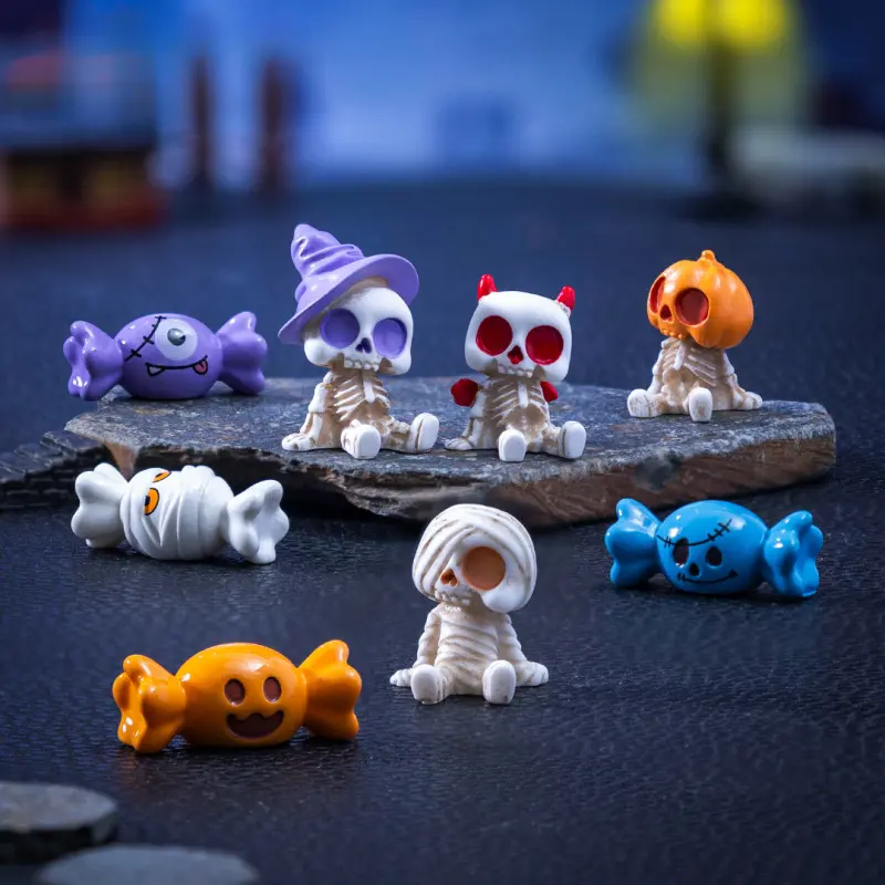 New 8-Piece Set Halloween Candy Pumpkin Skull Figurines Resin Figure Cute DIY Decorative Figurine Decorations Accessories Miniature Landscape Ornaments
