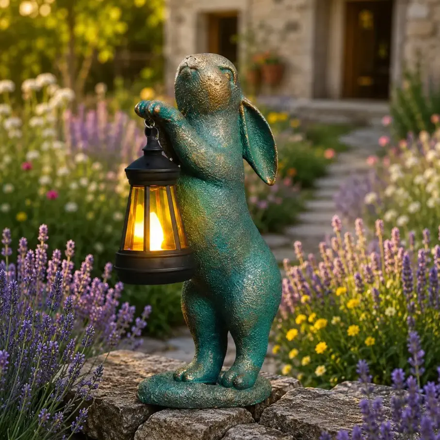 Solar Powered Rabbit Garden Statue with Hanging Lantern | Cute Bunny Figurine Outdoor LED Light Decoration Waterproof Resin Sculpture for Yard Lawn Patio Balcony Porch Landscape Ornament Magic Cottagecore Fairy Garden Aesthetics Easter Holiday Gift Single