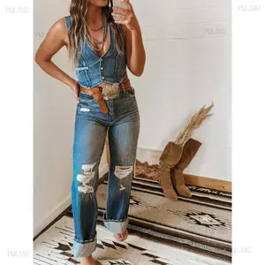 2026Women's Denim Vest Sleeveless V Neck Button Down Jean Waistcoat Jacket Y2K Crop Top Clothes Womenswear