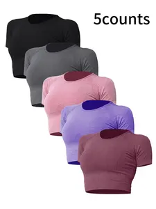 5count Women's Short Sleeve Round Neck Activewear Workout T-Shirt The GYM Sports Tees Running Fitness Seamless Yoga Top Gym Tops