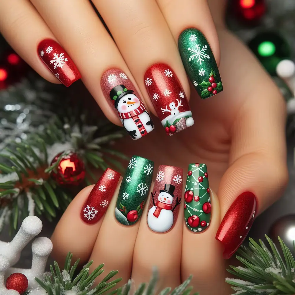 Christmas Press on Nails Long Fake Nails Square False Nails with Designs Christmas Red Nail Press ons Sparkly Cute Artificial Nails for Women 24Pcs
