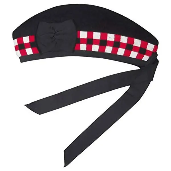 Scottish Glengarry Hat - 100% Pure Wool, Diced Check Pattern, Fully Lined with Red Pompom & Bow, Men's Headwear for Bagpipe Players, Brand New, Bagpipes, Traditional Clothes, Pout Band Badge, Male Wear, Traditional Clothing, Cotton