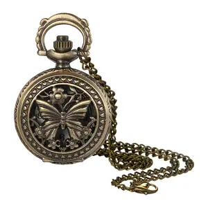 Women's Vintage Pocket Watch - Skeleton Hollow Butterfly Pendant Necklace Quartz Analog Fob Watches with 30.7" Chain for Christmas