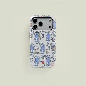 Phone case for iPhone 17/16/15/14/13 Pro Max/Pro/Plus featuring a blue roller pattern and a funny cute monkey silicone rabbit shock-absorbing phone case