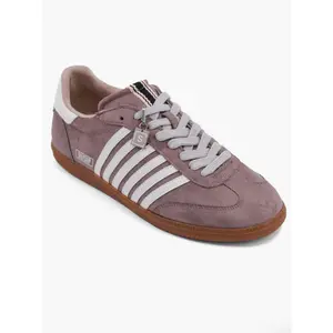SHUSHOP STEVIE Taupe Suede Sneaker - Round Toe Classic Lace Up All Seasons Faux Suede with White Stripes & Gum Rubber Sole