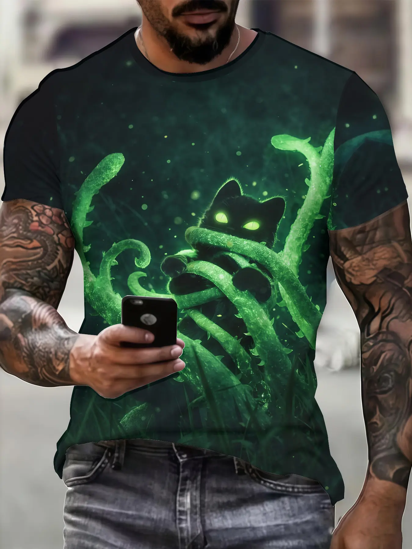 Men's 3D Fluorescent Vine & Black Cat T-Shirt - Full-Body Digital Print Short Sleeve Round Neck Casual Top, Suitable for Parties, Casual Attire & Themed Events, Machine Washable Non- Shirt