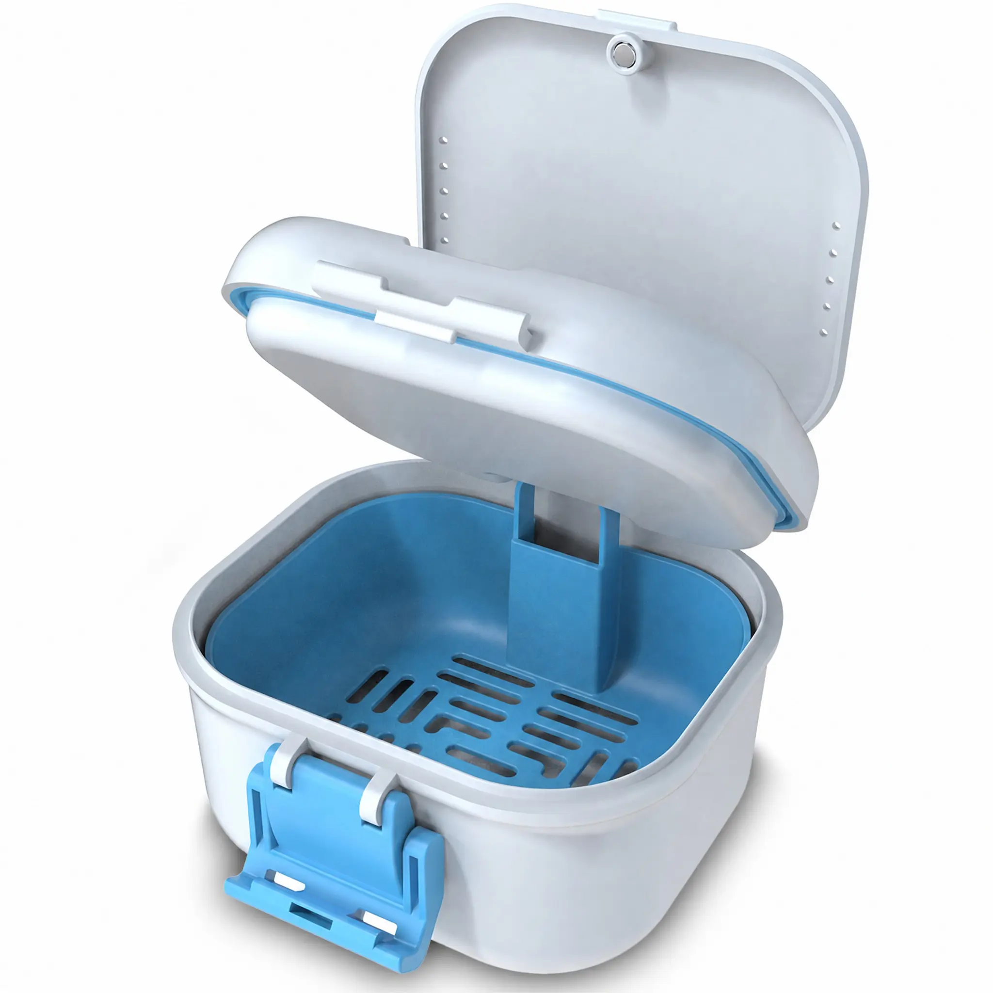 Dual-purpose Leakproof Denture Bath Box with Filter Basket, Sanitary Travel Storage Container for False Teeth, Retainers and Orthodontic Braces