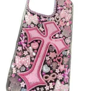 Pink Cross Pre-Made iPhone 16 Pro Max Case with Floral and Bow Designs Sparkling Accents