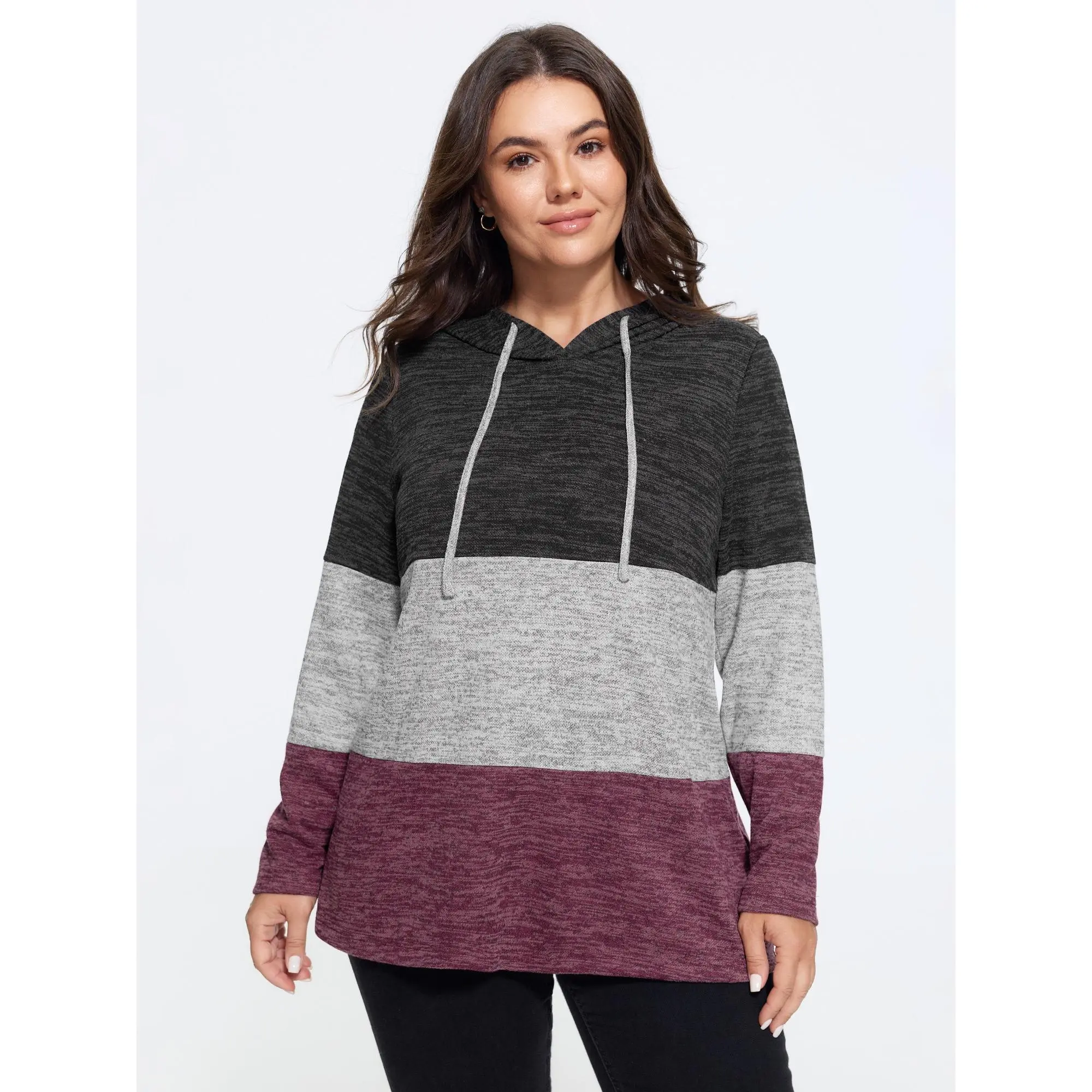 BLOOMCHIC Plus Size Stretchy Color Block Hooded Sweatshirt[M-6X] Back To School,Fall Pick