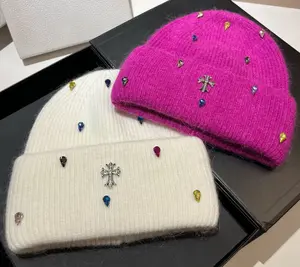 Colorful rhinestone plush knit hat, 100% synthetic fleece fabric – soft, warm, stylish winter outdoor holiday hat – extra thick and warm