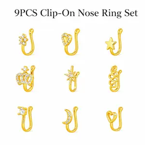 9PCS Clip-On Nose Rings – No Piercing Gold Fake Nose Ring Set, Adjustable Punk CZ Nose Jewelry