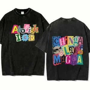 IC.E OUT Anti I.CE Magazine Letters Unisex Washed Tshirt | 100% Cotton Double-Sided Vintage Washed Chinga La Migra Graphic Tee Womenswear Streetwear