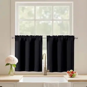 Black Cafe Curtains 24 Inch Length, Light Blocking Short Kitchen Window Curtains Over Sink, Half Window Blackout Drapes Tier Rod Pocket for Bathroom Basement Cabinet, 2x30Wx24L Inches