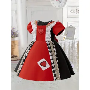 1pc Girls' Vintage Halloween Princess Dress - Red & Black Checkered with Heart Sequin Detail, Square Neck Short Sleeve, Belted Waist & Flared Umbrella Skirt Parties, Performances, All-Season Wear, Festive Event Attire, Nontransparent