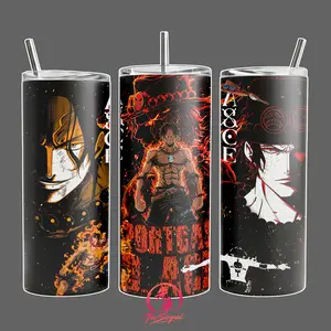 Ace Flame Fist - OP Stainless Steel Insulated Travel Tumbler With Handle 20oz 40oz Fire Pirate Anime Wrap Design