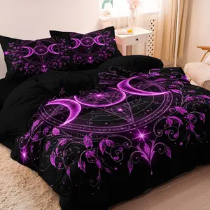 3pcs Set Fuchsia Purple Crescent Moon Symbol Duvet Cover, Elegant Vine Leaf Celestial Pattern Bedding, Ideal For Dark‑Style Living Bedroom, Holiday Homestay & Family Decor (1 Duvet Cover + 2 Pillowcases, No Comforter, No Pillow)