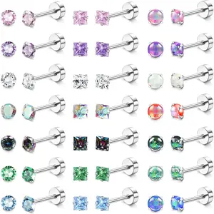 MILACOLATO 21-Pair Hypoallergenic Surgical Steel Minimalist Earrings - 20G Waterproof Flat-Back Screw-Back Studs for Female Daily Wear, Multiple Piercings