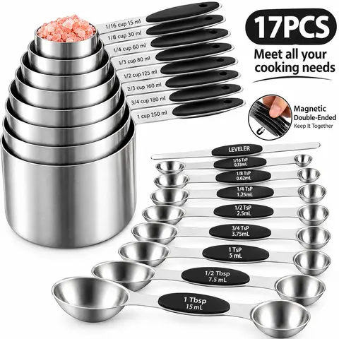 LKCSXH 17-Piece Modern Industrial Kitchen Measuring Utensils Set - Heavy-Duty Double-Sided Magnetic Stackable Cups & Spoons, Silicone Handles, Stainless Steel, 1/16 tsp to 1 tbsp, 1/16 to 1 unit range, 0-500 ml, Dry/Liquid Measure Kitchen Gadgets