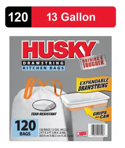 Husky 13 Gallon Tall Kitchen Drawstring Bags, 120 Bags