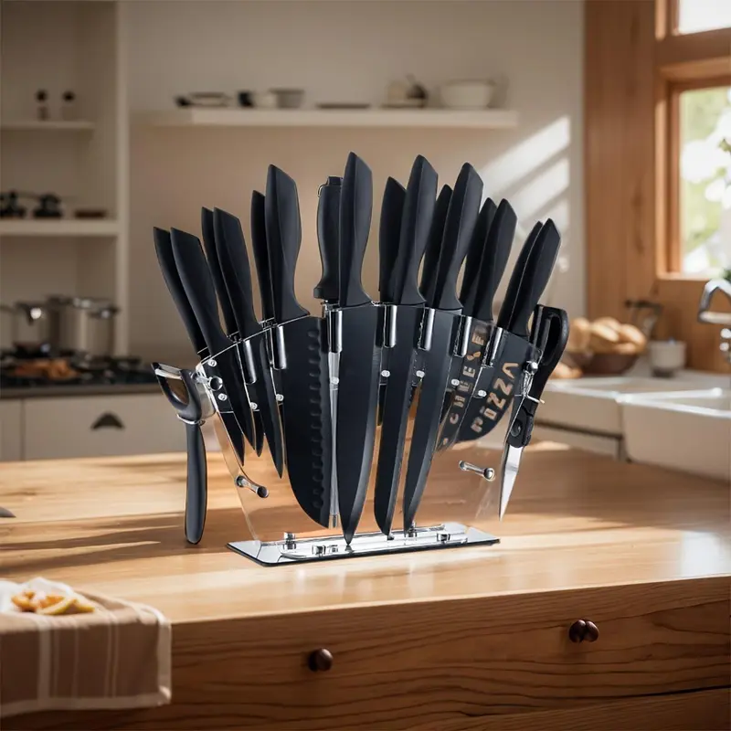 19 PCS High Carbon Stainless Steel Sharp with Serrated Steak Knives, Block Chef Knives, Bread Knife, Scissor, Sharpener, All in One Kitchen Set