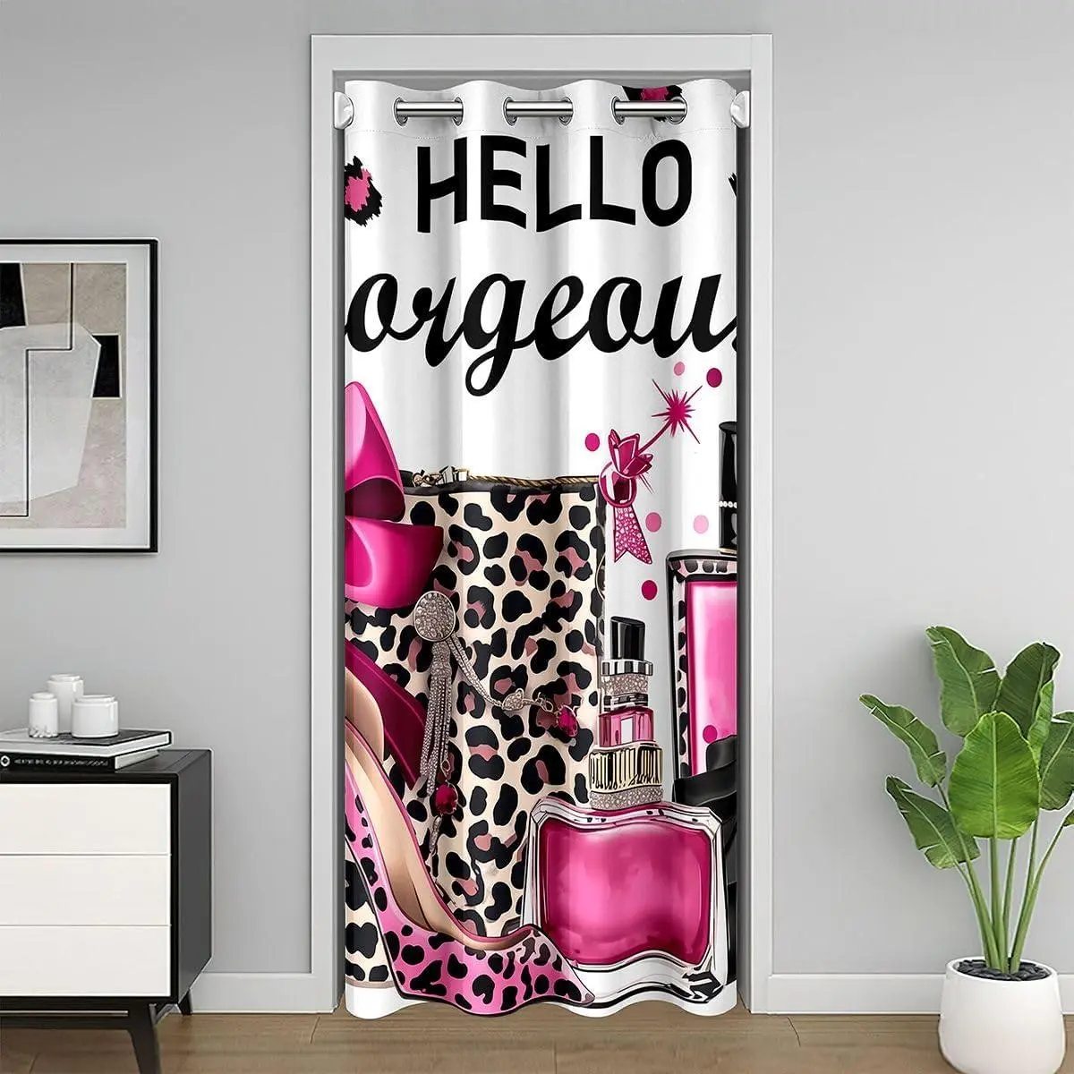 Black and Pink Leopard Print Door Curtain Doorway Privacy | Fashion Modern Blackout Curtain Bow Perfume High Heels Door Drape Trendy Stylish Room Divider Decor
