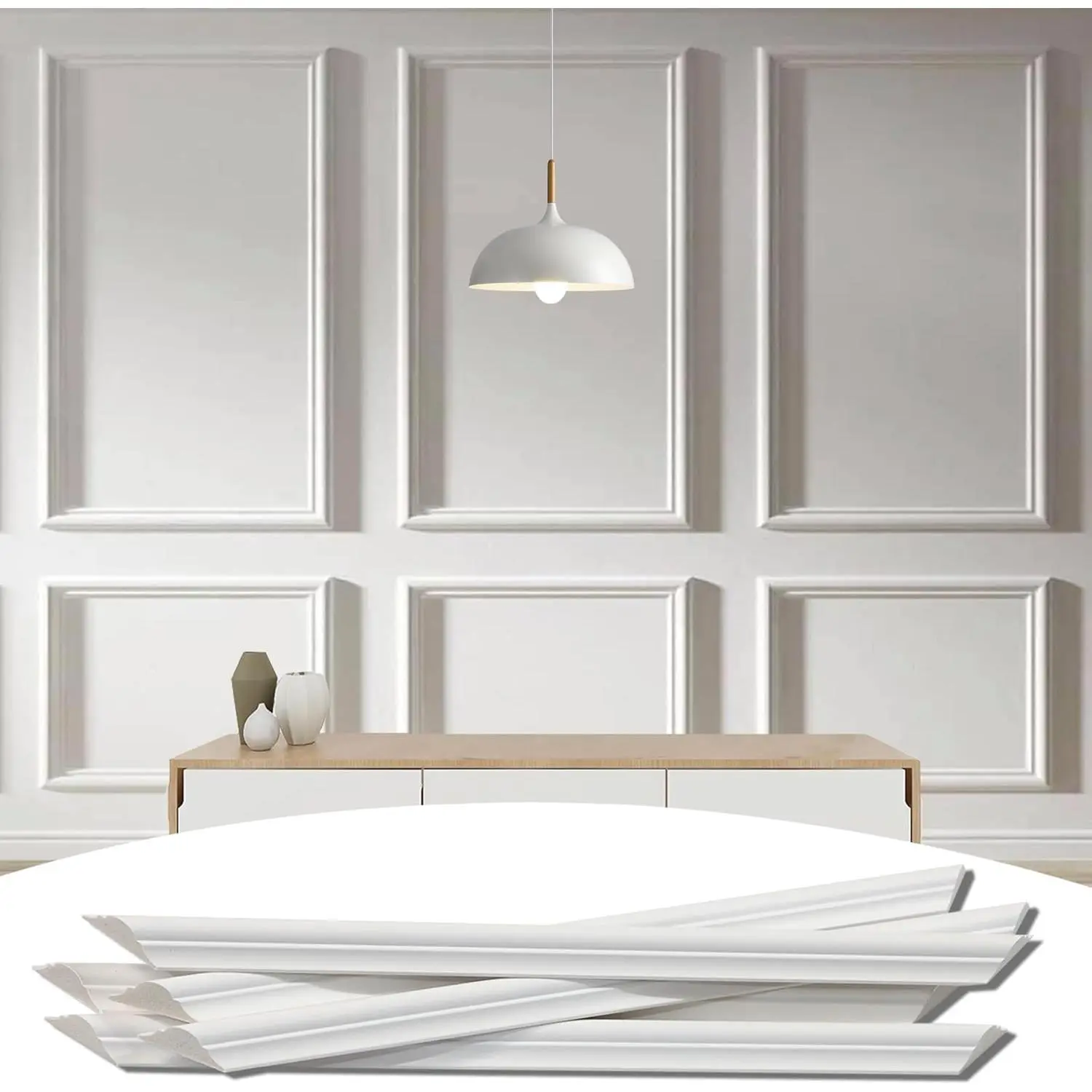 6-Frame Synthetic Polystyrene Premade Accent Wall Molding Kit Pack - Pre-Cut Panels, Pre-Cut Chair Rail Decorative Trim, Crack-Resistant, Construction Adhesive-Applicable, Ready-to-Assemble, Interior Use Home Improvement Wall Trim