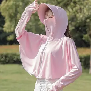 Ice Silk 2-in-1 Sun Protection Jacket - Lightweight Long-Sleeve Hooded Coat with Wide-Brim Ponytail Hat, Shawl, UV Protection for Outdoor Play, Shopping, Cycling