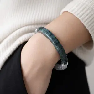 Natural Stone Half Bangle – Black Jade Tone & Gray Agate