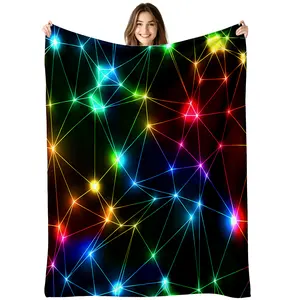 SLEEPWISH Black Light Reactive Style Geometric Blanket, Digital Printed Cozy Fleece with Rainbow Light Lines, Lightweight for Sofa, Bed & Parties