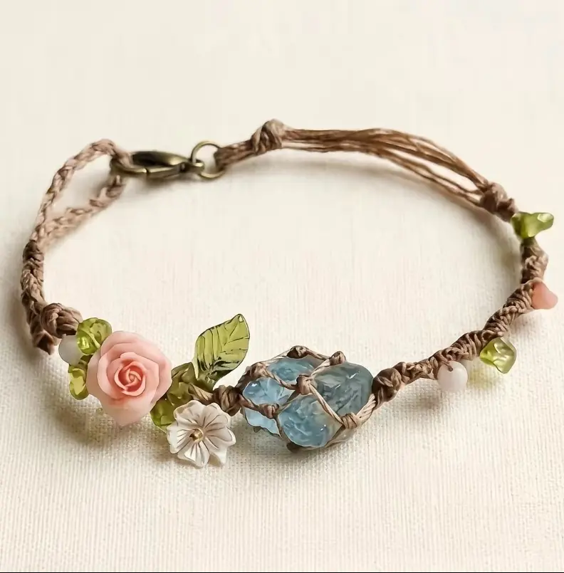 Handmade Bohemian Floral Gemstone Bracelet Set - Natural Stones, April Birthstone, Light Ocean Y2K Jewelry, Stainless Steel Cuban Link Chain, Retro Round Earrings for Daily Wear, Party Gifts