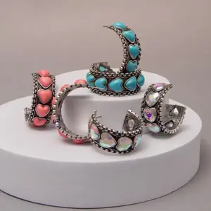 Western Heart Stone Open Hoop Earrings