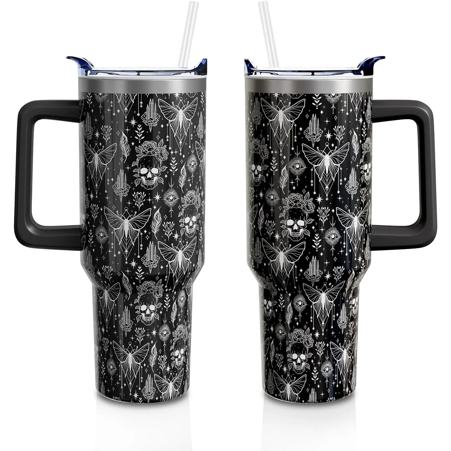 40oz Stainless Steel Insulated Halloween Novelty Tumbler - Vacuum Flask Water Bottle Mug with Goth Skull, Printed Butterfly Print, Black Witch Design, Handle, Straw, Plastic-Free Premium Insulation (1PC) for Women, Dad, Portable Kitchenware Drinkware Gift