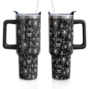 Halloween Goth Skull 40oz Tumbler Cup with Handle and Straw, Black Witch Gifts for Women Men, Holiday Stainless Steel Insulated Water Bottle 1PC