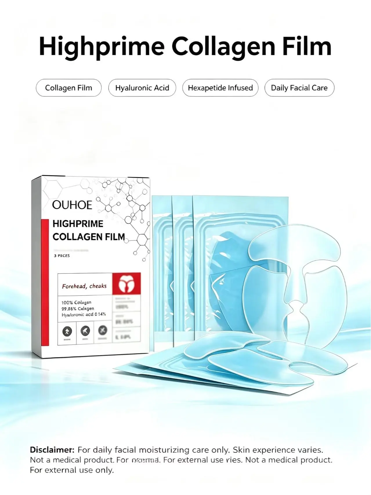 Collagen Soluble Film withHyaluronic Acid Hexapeptide, FacialPatches for Forehead Cheeks DailyHydrating Skin Care Body Care