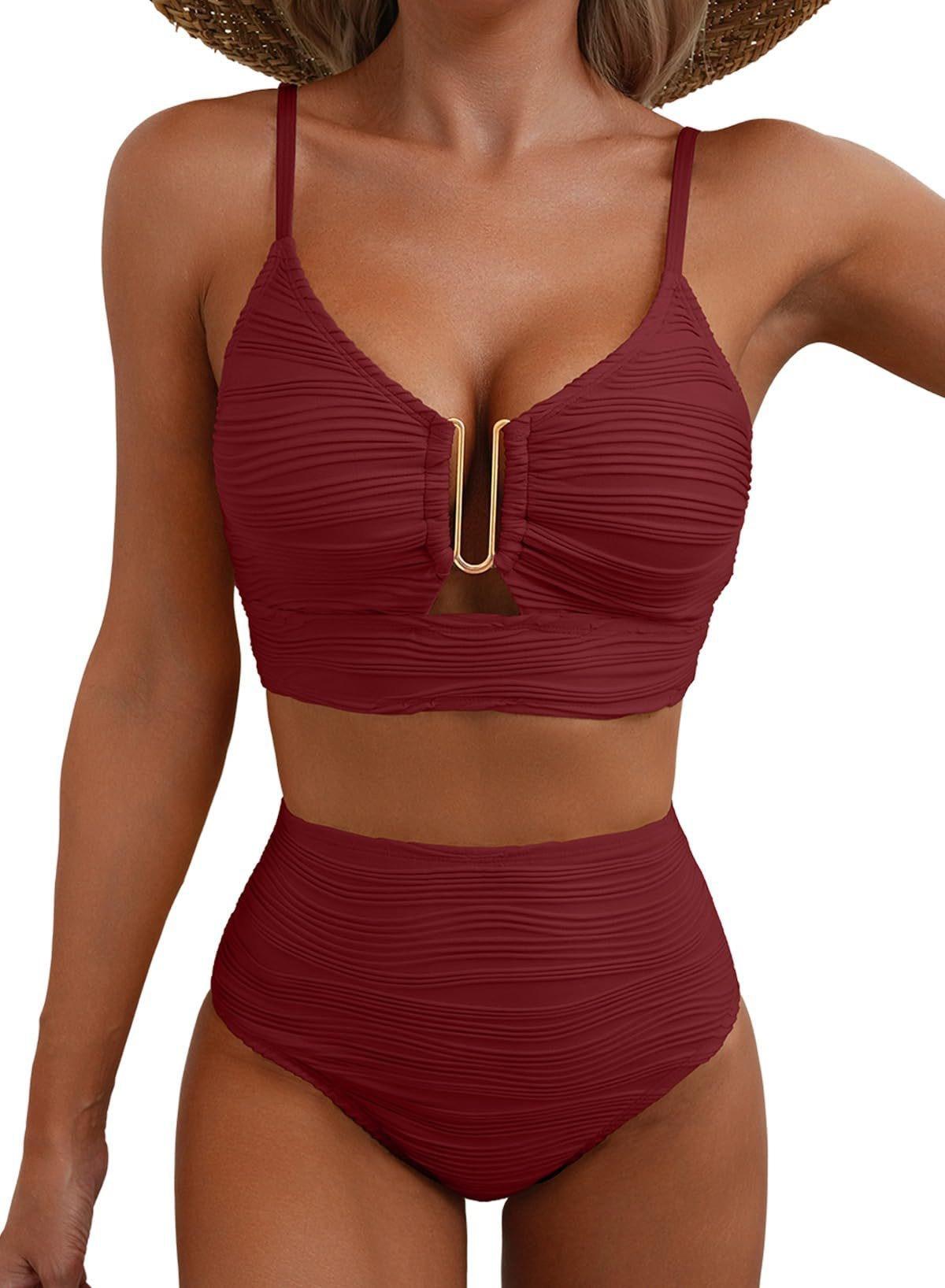 2 Piece Bikini Set U-Wire Cutout Swimsuit High Waisted Textured 2026 Summer Swimming Clothing Beach Water Sports Tummy Control Swimwear
